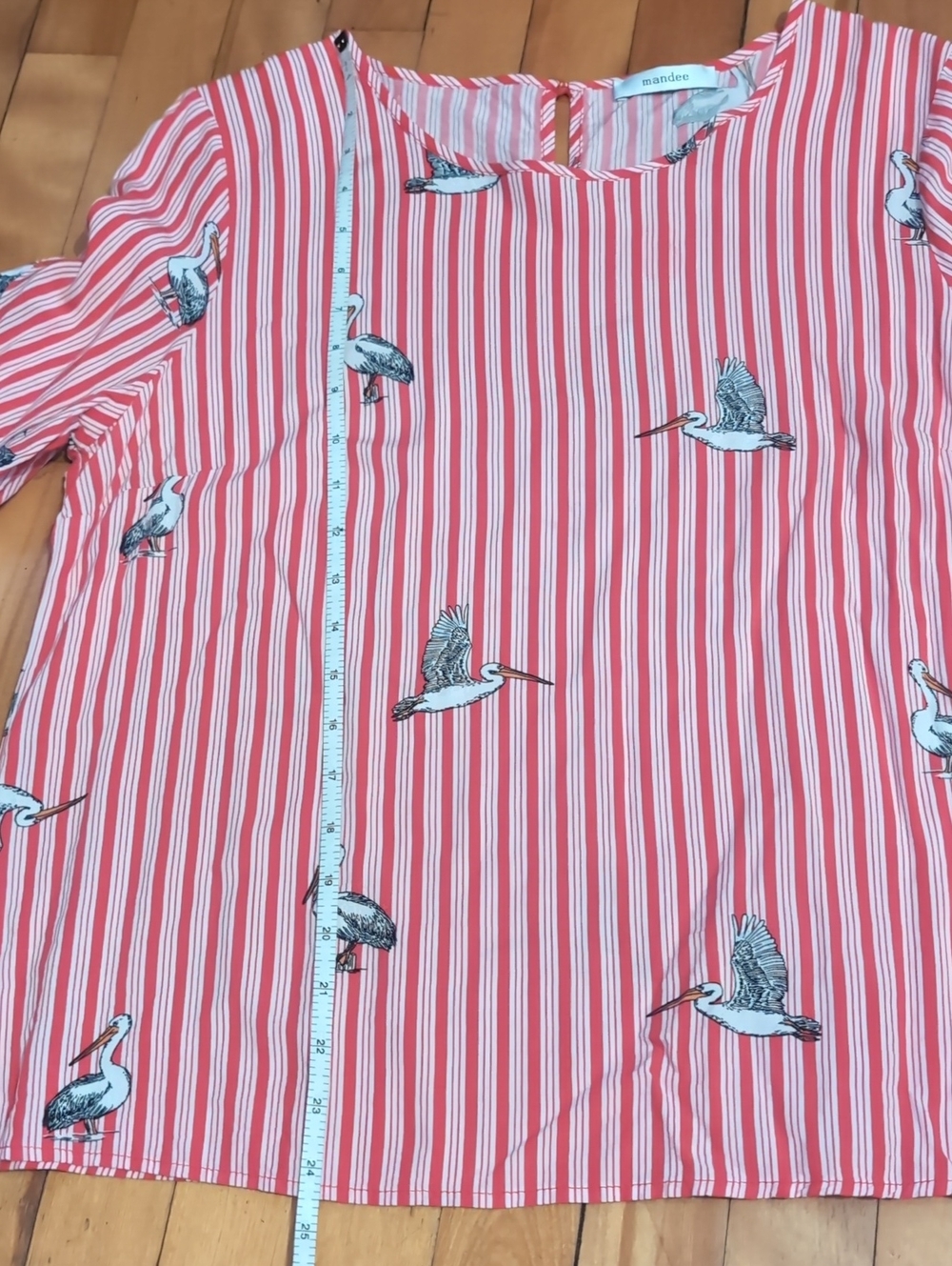 Mandee Red and White Striped Blouse with Bird Print Large - Picture 13 of 14